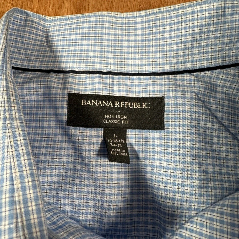 Banana Republic Non Iron Classic Fit Dress Shirt Blue Check Cotton Mens Large
